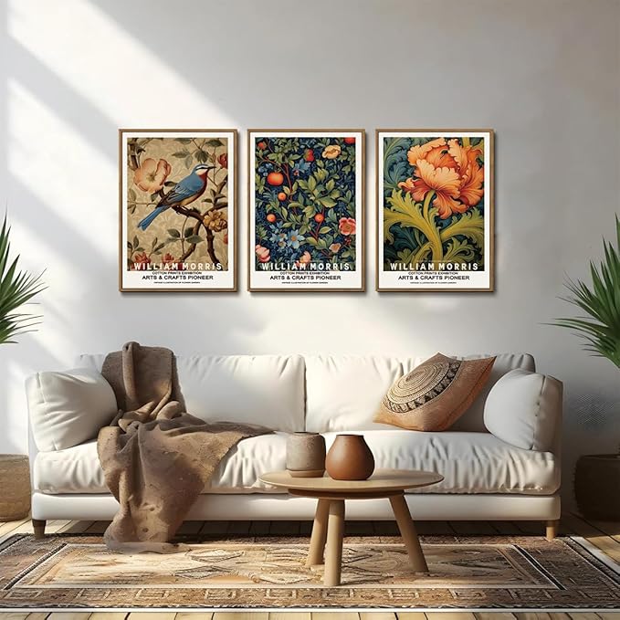 ILLBDR William Morris Framed Wall Art Vintage Bird Canvas Wall Art Set of 3 Colorful Floral Prints Botanical Artwork Classic Aesthetic Pictures Decor for Bedroom Living Room 12x16 Inch