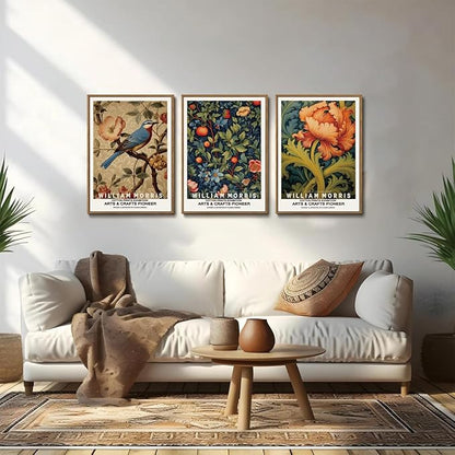 ILLBDR William Morris Framed Wall Art Vintage Bird Canvas Wall Art Set of 3 Colorful Floral Prints Botanical Artwork Classic Aesthetic Pictures Decor for Bedroom Living Room 12x16 Inch