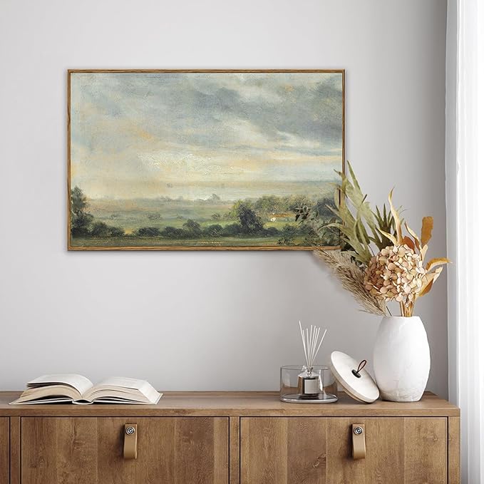 KBKBART Framed Vintage Landscape Wall Art Prints, Retro Green Forest Valley Nature Wilderness Illustrations Canvas Painting, Farmhouse Decor Wall Art Ready To Hang for Bedroom, Living Room, Bathroom,