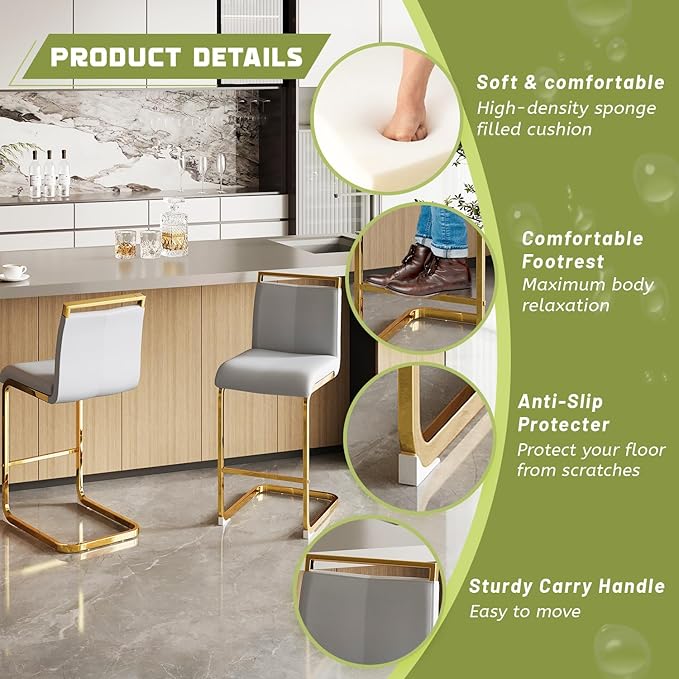 Counter Height Bar Stools Set of 4,Bar Stools with Back,25" Light Grey Island Chairs with Gold Chrome Plated Metal Leg,Faux Leather Barstools for Pub Kitchen Counter Dining Chair