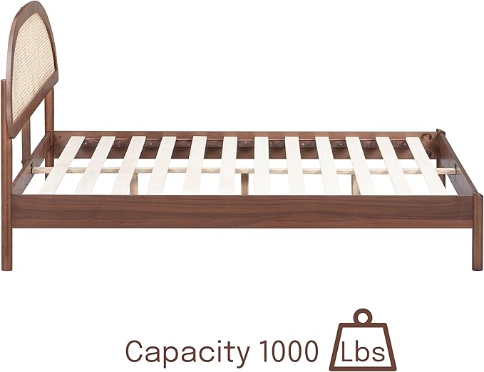 NTC Gem Wooden Bed Frame with Headboard and Natural Rattan, Solid Oak/Rubber Wood Foundation with Silent Slats, 1000 Lb Capacity, Effortless Assembly (Natural Cane - Dark Walnut, King)