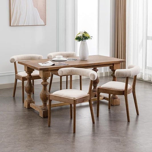 Wood Dining Chairs Set of 4, Mid Century Modern Living Room Chairs with Unique Curved Open Back Comfy Linen Upholstered Side Chair for Kitchen/Restaurant/Reception, Beige