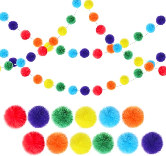 2 Pack Large Pom Poms Garland Hanging Decorations Colorful Soft Faux Rabbit Fur Ball Garland for Easter Xmas Holiday Wedding Baby Shower Birthday Party Supplies(Bright Color,2.36 Inch)