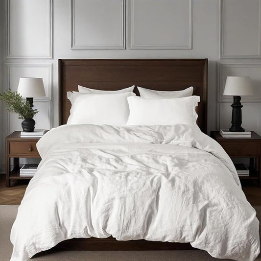 Simple&Opulence 100% Linen Duvet Cover Set, 3 PCS Natural French Flax White Duvet Cover California King Size, Breathable Soft Comfy Linen Bedding Comforter Cover with 2 Pillowcases(White, 104"x98")