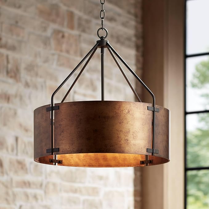 Possini Euro Design Pendant Light Fixture - 4 Light, Bronze Drum Shade, Rustic Industrial Pendant Light for Kitchen Islands, Living Rooms, Foyers, and Bedrooms - 22" Wide, 21 1/2" High
