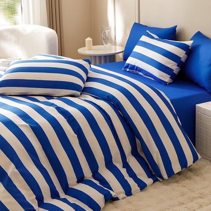 CLOTHKNOW Striped Comforter Set King 3Pcs Blue White Bedding Comforter Sets Blue White Stripes Comforter King All Season Lightweight Bed Set King