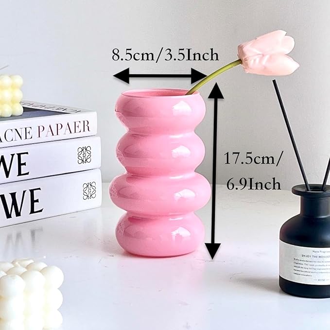 BLOFLO Colored Glass Hydroponic Flower Vase, 7-Inch Pink Glass Vase, Four-Layer Geometric Glass Floral Vase for Home Décor, Modern Bubble Glass Vase for Home Office Wedding Table (Pink)