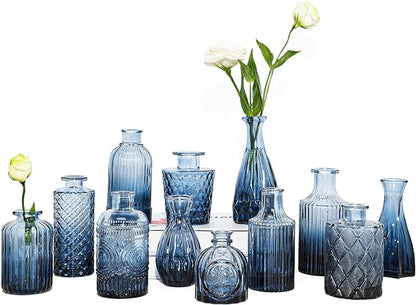 12Pcs Blue Glass Bud Vases Set, Small Vases for Flowers, Perfect for Centerpieces at Parties, Baby Showers, Weddings, Events, Graduation Season, Great Gifts for Office & Home Décor