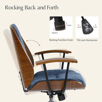 HULALA HOME Solid Wood Office Chair with Rocking Function, Comfy Fabric Desk Chair with Bent Wood and Metal Base, Height Adjustable Swivel Computer Task Chair, Navy