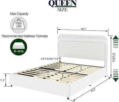 Queen Size Boucle Upholstered Platform Bed Frame, with 2 Drawers Storage, Curved Stitched Tufted Headboard, Wooden Slat Mattress Support, Noise Free, Easy Assembly, No Box Spring Needed, Ivory