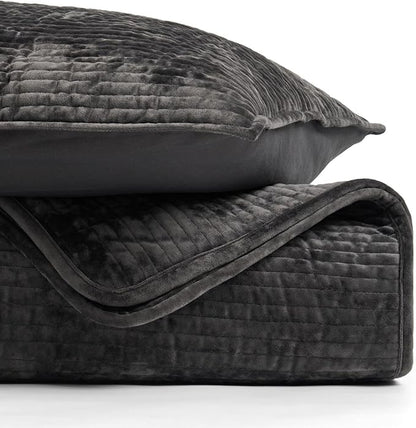 EVERGRACE Velvet Quilt Set King Size, Luxurious Soft Quilted Bedding Sets, Lightweight Velvet Comforter for All Season, Striped Channel Bedspread Coverlet with 2 Shams, Washed Black