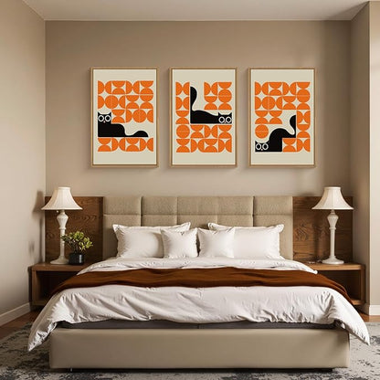 HOURIA Geometric Black Cat Framed Canvas Wall Art Set,Abstract Orange & Cream Wall Decor,Round Eyes Playful Kitten Wall Painting,Modern Animal Prints for Nursery,Living Room,Office - 16"x24"x3