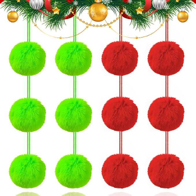12Pcs Lime Green and Red 3.15 Inch Furry Christmas Ornaments, Soft Fluffy Fuzzy Pom Pom Balls, Christmas Decorations Hanging Ornaments for Christmas Tree, Holiday Party, DIY Craft, and Mantel Decor