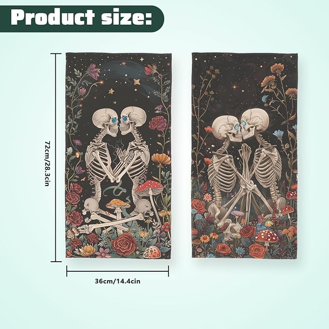 Mushroom Skull Kitchen Dish Towels Set Decorative Absorbent Tea Towels Funny Hand Towels 16x24 Skeleton Floral Gift