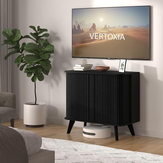 Fluted Sideboard Buffet Cabinet with Storage, 27” Curvy Edge Accent Storage Cabinet with Sliding Doors & Shelves, Modern Sideboard Credenza Console for Kitchen, Living Room, Entryway, Black