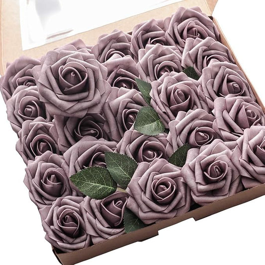 Floroom Artificial Flowers 25pcs Real Looking Rosy Brown Foam Fake Roses with Stems for DIY Wedding Bouquets Bridal Shower Centerpieces Floral Arrangements Party Tables Home Decorations