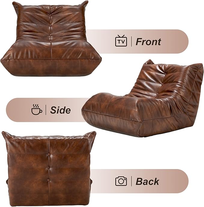 Hobestluk Giant Bean Bag Chair Lazy Floor Sofa, Fireside Sofa for Adults, Big Beanbag Faux Leather Armless Chair for Living Room Bedroom Dorm Office (Brown, Single)