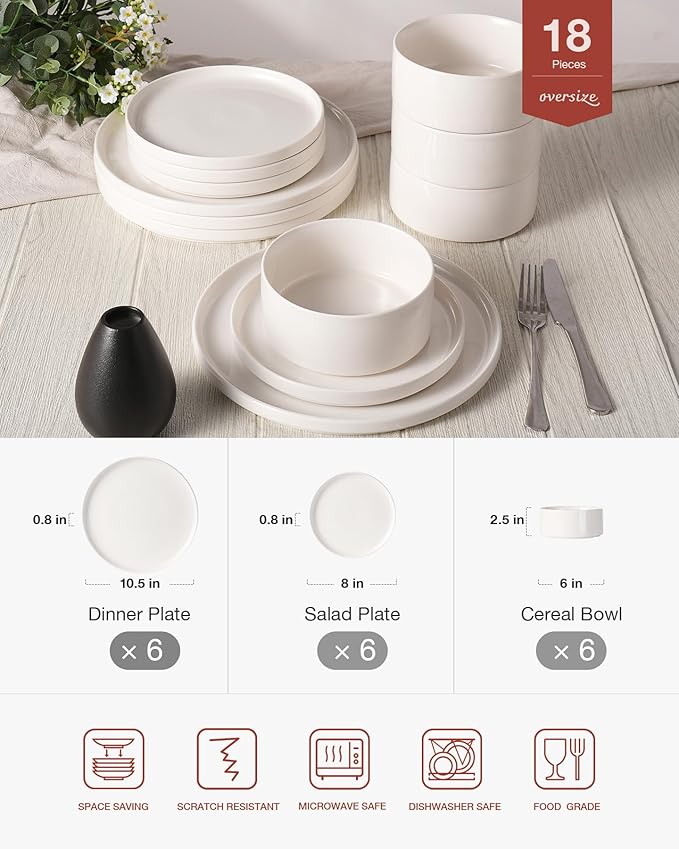 Famiware Porcelain Dinnerware Set, 18-Piece Modern Plate and Bowl Set, dish set for 6, Microwave and Dishwasher Safe Tableware, White