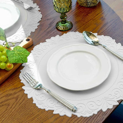 Noctiflorous Round Faux Leather 15 Inch Placemats Set of 6 Waterproof Wipeable Heat Resistant Tablemat for Dining Table Kitchen Non Slip Washable Oilproof Table Place Mat(White, 6)
