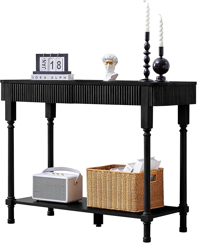 43.3'' Fluted Console Table for Entryway, Narrow Entryway Tables with 2 Wooden Drawers, Retro Sofa Table Behind Couch Accent Tables for Foyer, Living Room, Hallway (Black)