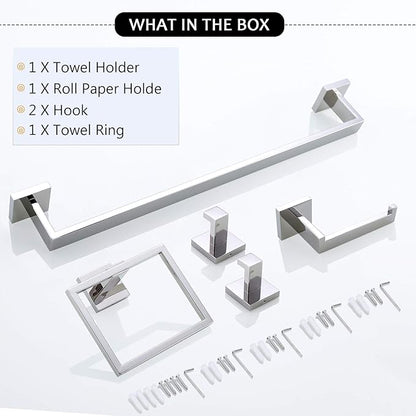 TNOMS Bathroom Hardware Accessories Set Polished Chrome Towel Bar Sets Include Towel Bar Towel Holder Toilet Paper Holder Towel Hook,5 Pieces Stainless Steel Wall Mounted