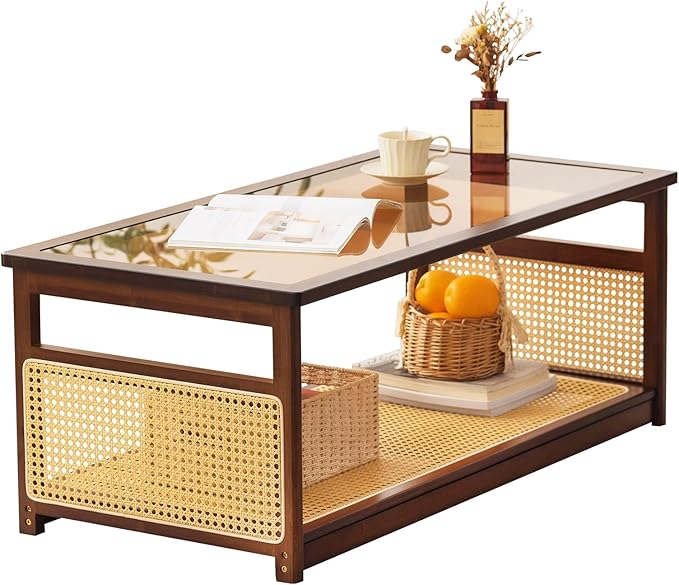 Tiita Coffee Tables for Living Room，Mid Century Modern Storage 2-Tier Coffee Tables，Rattan Glass RectangleTables，Suitable for Living Room Apartment，Brown