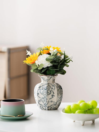 Blue and White Vase, Vintage Blue Ceramic Flower Vessel,Ceramic vases for Home Decor,Vintage Green and Beige for Console Table Mantle Chinoiserie Decor (Retro-03, Small)