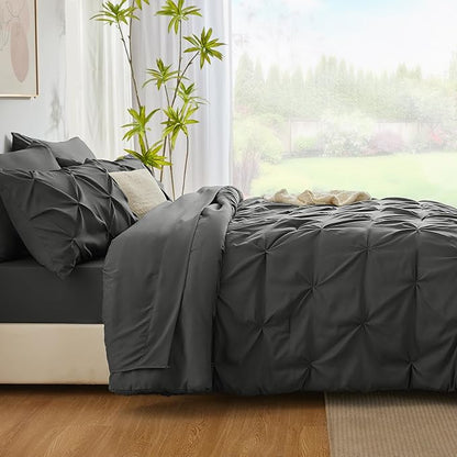 CozyLux Full Size Comforter Sets Dark Grey, 7 Pieces Bed in A Bag Dark Gray Comforter Full Size, Pinch Pleat Bedding Sets with All Season Comforter, Sheets, Pillowcases & Shams
