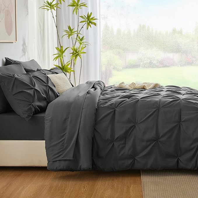 CozyLux King Size Comforter Set Dark Grey, 7 Pieces Pintuck Bed in A Bag Gray Comforter King Size, Pinch Pleat Bedding Set with All Season Comforter, Sheets, Pillowcases & Shams