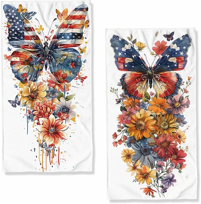 American Flag Butterfly Kitchen Dish Towels Set of 2 Watercolor Holiday Tabletop Decor Butterfly