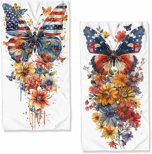 American Flag Butterfly Kitchen Dish Towels Set of 2 Watercolor Holiday Tabletop Decor Butterfly