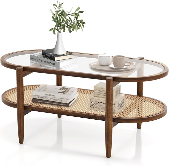 Moccha Boho Coffee Table, 2-Tier Center Table with Tempered Glass Tabletop & PE Rattan Storage Shelf, Mid Century Modern Tea Table with Wood Frame, 40" L Oval Accent Table for Living Room, Office