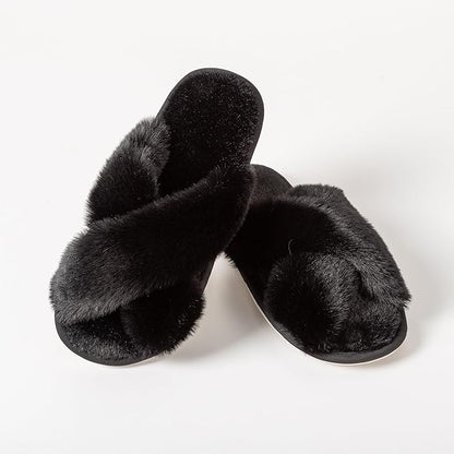 Women's Slipper Memory Foam Cross Band Fuzzy Slippers Open Toe Cozy House Slippers Cozy Plush Bedroom Indoor Outdoor