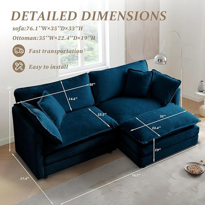 SoarFlash Chenille Sectional Sofa, Comfy L Shaped Modular Coush Sofa with Ottoman, Modern 2 Seat Couch Deep Seat Sofa Set for Living Room,Deep Blue