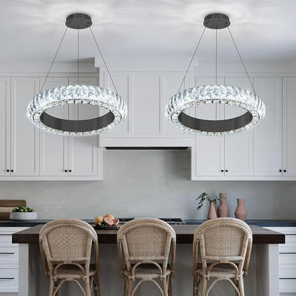 16" Ring Modern LED Dimmable Crystal Chandelier Adjustable Height Pendant Light Round Crystal Chandelier Light Fixtures for Dining Room Living Room Kitchen Island Black