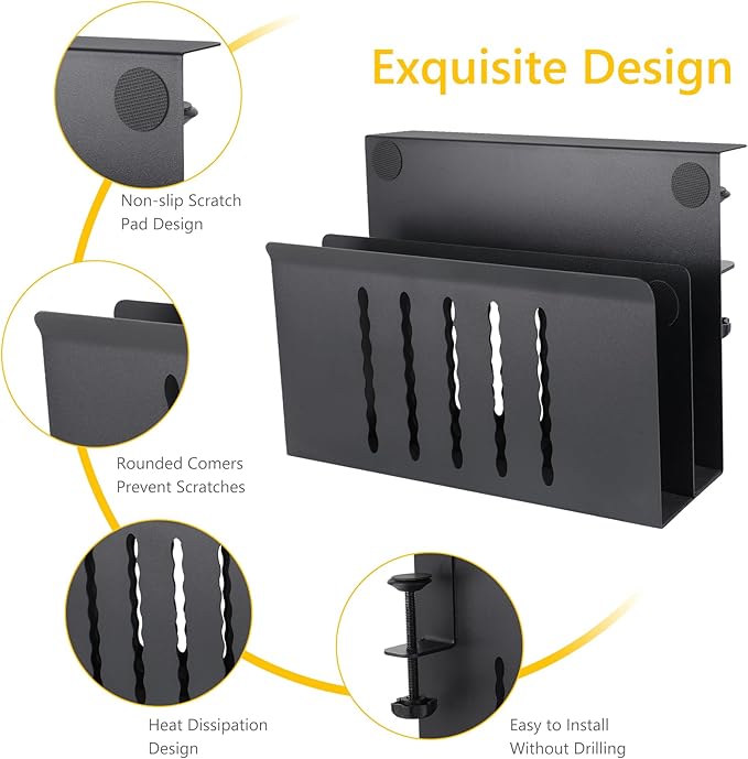 2 TIER Desk Side Storage Upgraded Under Desk Organizer, No Drill Hanging Laptop Holder Under Desk, Clamp-On Table Side Steel Desktop Organization for Office and Home (Black)