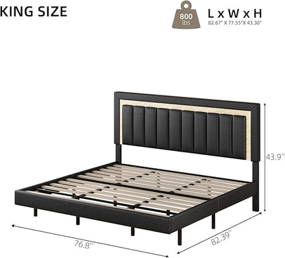 HOMBCK Floating Bed Frame King with Smart LED Lights, Faux Leather Upholstered Platform Bed with Diamond PU Headboard, No Box Spring Needed, Noise-Free, Easy Assembly, Black