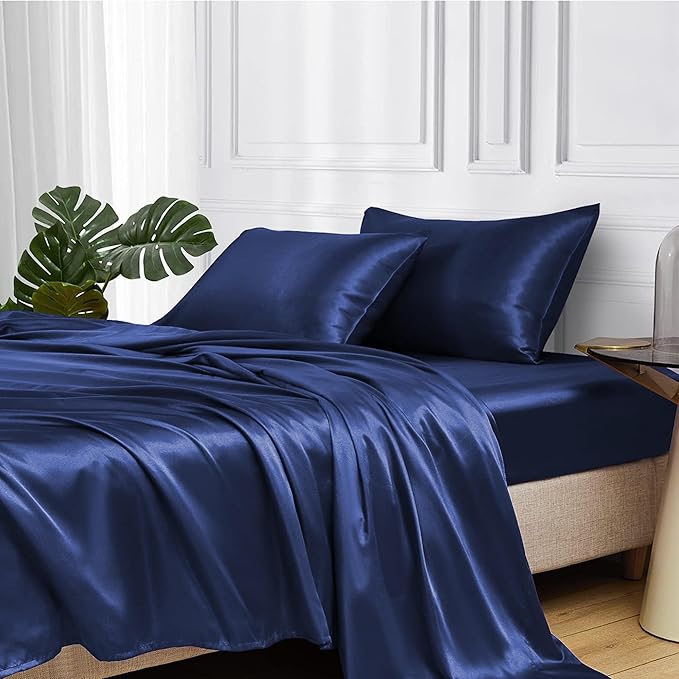 MR&HM Satin Bed Sheets, Queen Size Sheets Set, 4 Pcs Silky Bedding Set with 15 Inches Deep Pocket for Mattress (Queen, Navy Blue)