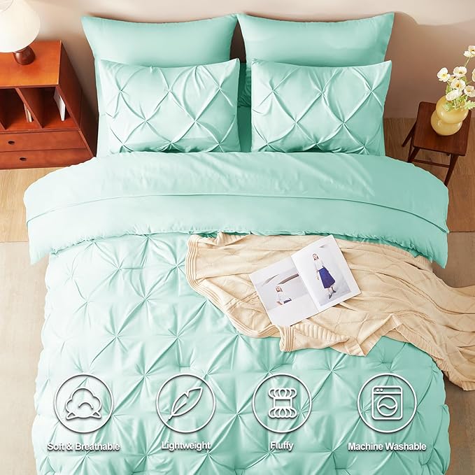CozyLux King Size Comforter Set Mint Green, 7 Pieces Pintuck Bed in A Bag Green Comforter King Size, Pinch Pleat Bedding Set with All Season Comforter, Flat Sheet, Fitted Sheet, Pillowcases & Shams