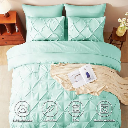 CozyLux Queen Comforter Set Mint Green, 7 Pieces Pintuck Bed in A Bag, Premium Green Comforter Queen Size, Pinch Pleat Bedding Sets with Comforter, Flat Sheet, Fitted Sheet, Pillowcases & Shams