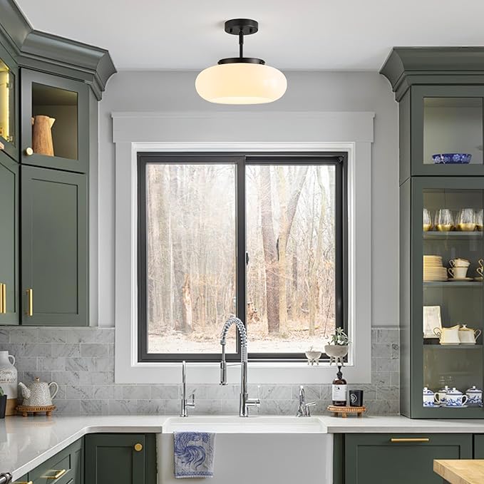 Mid-Century Modern Black Semi Flush Mount Ceiling Light, 3-Light Kitchen Light Fixtures with Glass Shade for Entryway Hallway Bathroom Bedroom (12.6 Inch)