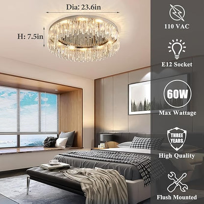 Modern Chandelier for Living Room, 24in Flush Mount Crystal Ceiling Light Fixture Chrome Large Raindrop Chandelier Lighting Fixture for Dining Room Living Room Bedroom Kitchen