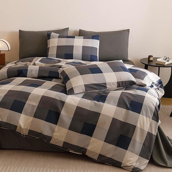 CLOTHKNOW Blue Plaid King Size Comforter Set Gingham Buffalo Bedding Comforter Sets Geometric Comforter King Sets with 2 x Pillow Cases