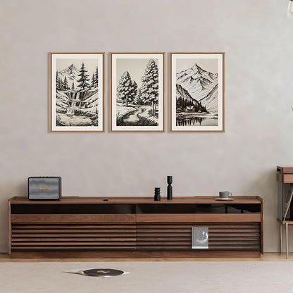 HOURIA Large Vintage Mountain Sketch Framed Canvas Wall Art Set,Modern Pine Tree Wall Decor, Natural Botanical Wall Painting,Retro Abstract Art Print for Living Room,Bedroom,Office- 16"x24"x3
