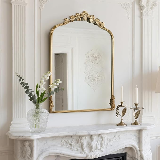 WallBeyond Gold Antique Mirror for Vanity 24x32 Inch, Gold Vintage Mirror with Ornate Frame, Arched Vintage Wall for Bathroom, Living Room, Fireplace