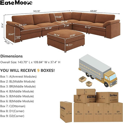 EASE MOOSE Oversized Sectional Modular Sofa,Chenille Large L Shape Sectional Couch Wide Deep Brown Modular Cloud Sofa Couch