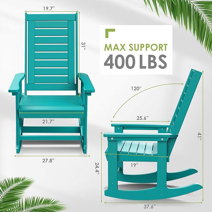 GREENVINES Outdoor Rocking Chairs | Set of 4 | Porch Rocker | HDPE Plastic | Aqua | Oversized Rockers | High Back | Big & Tall | Ladder Back | for Patio Outside Backyard Balcony Garden