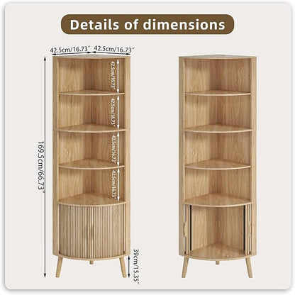 5-Tier Corner Shelf, 66.73''Tall Modern Corner Bookshelf, 5 Shelf Bookcase with 2 Fluted Doors, Freestanding Wood Corner Display Storage Shelf Organizer for Living Room, Office (Wood Color)