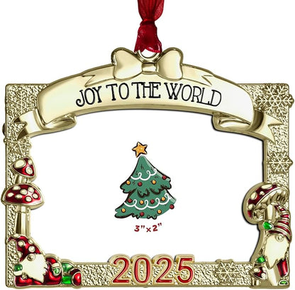 2025 Christmas Ornaments 3x2 inch Picture Frame Metal Hanging Pendant for Tree Small Decorative Keepsake, Display Photo for Baby and Pet (Gnome Gold (2025))