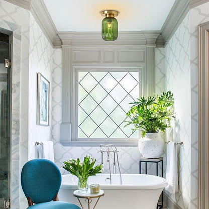 Mid Century Modern Ceiling Lamp 1-Light Gold Ceiling Light Classic Green Glass Shade Vintage Design Glass Flush Mount Lights for Hallway Living Room Kitchen (Green, 2 Pack)